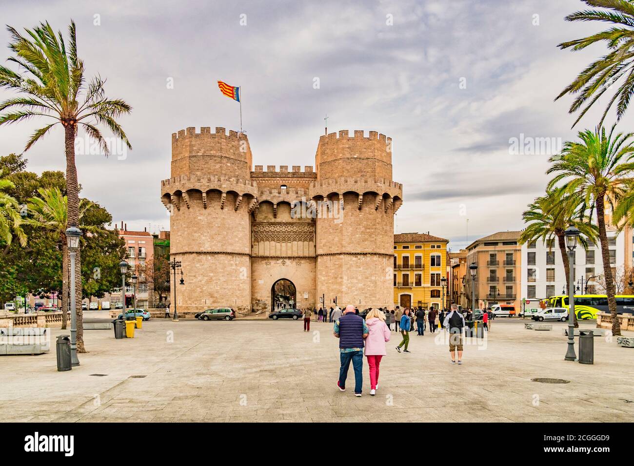 3 Mars 2020: Valence, Espagne - le Torres de Serranos ou Puerta de Serranos, la porte principale du XIVe siècle de la ville fortifiée de Valence dans le sud de SP Banque D'Images