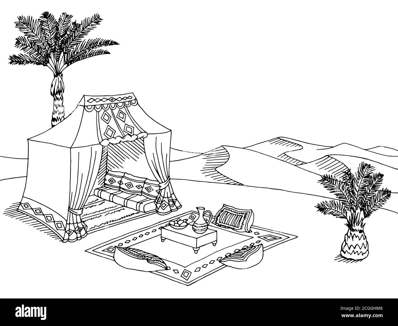 Desert tente graphique noir blanc paysage dessin illustration vecteur Illustration de Vecteur