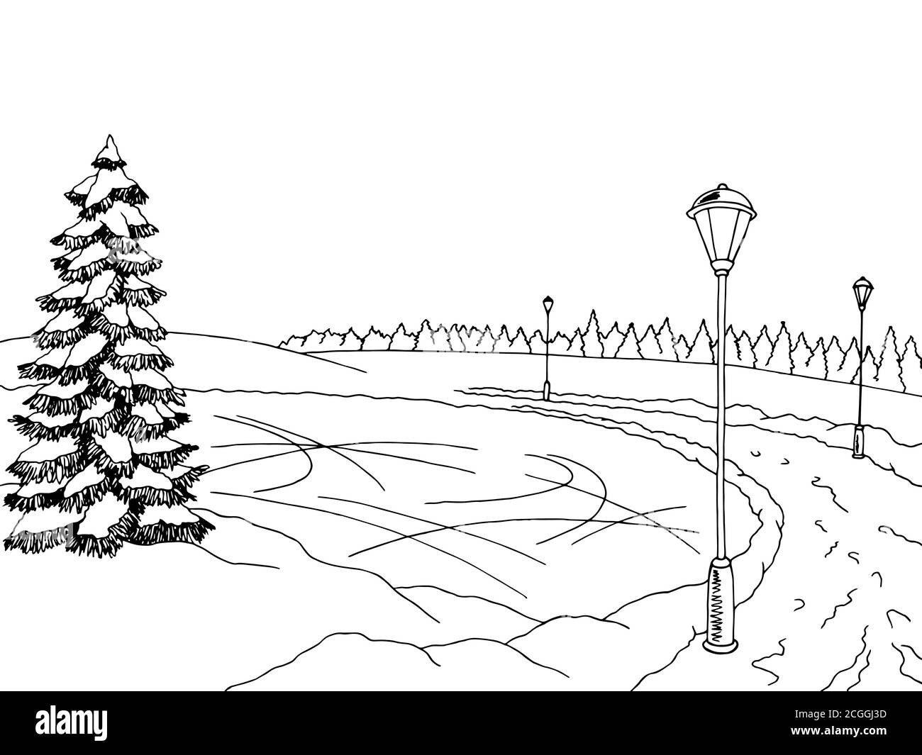 Patinoire graphique noir blanc hiver paysage dessin illustration vecteur Illustration de Vecteur