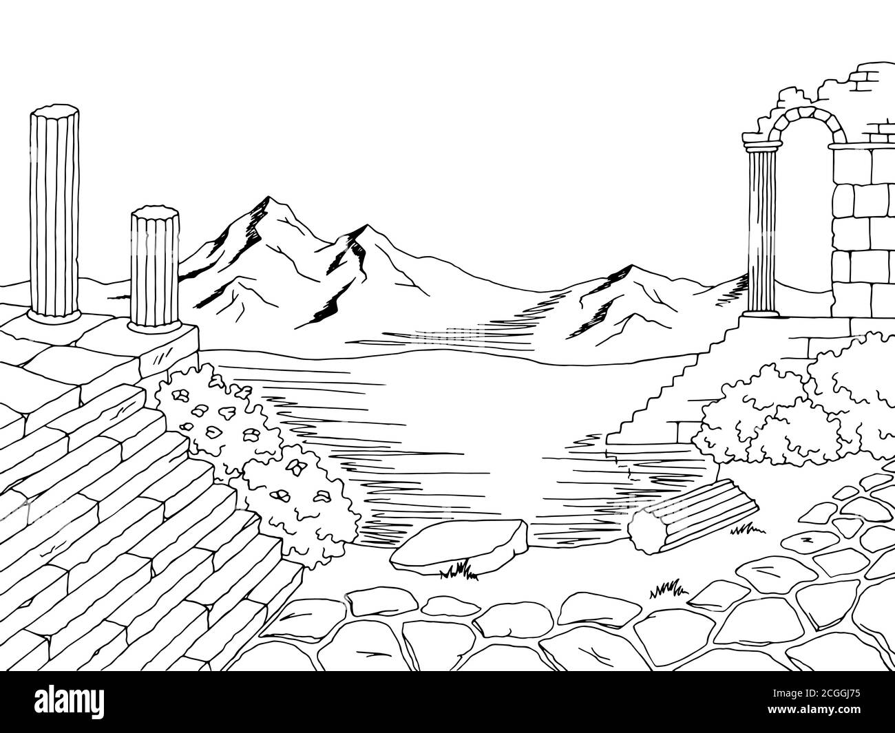 Ruine paysage graphique noir blanc esquisse illustration vecteur Illustration de Vecteur
