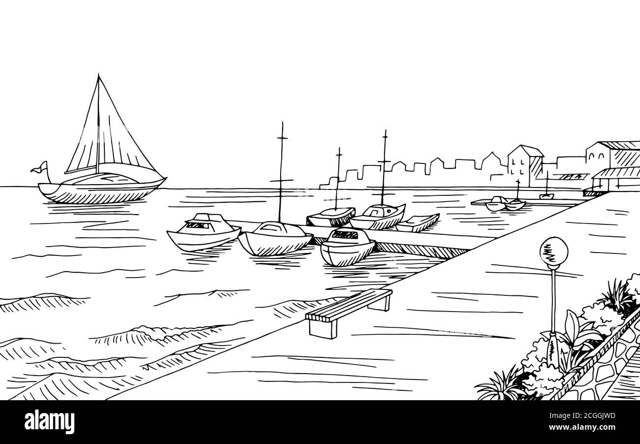 Front de mer quai graphique yacht noir blanc paysage esquisse illustration vecteur Illustration de Vecteur