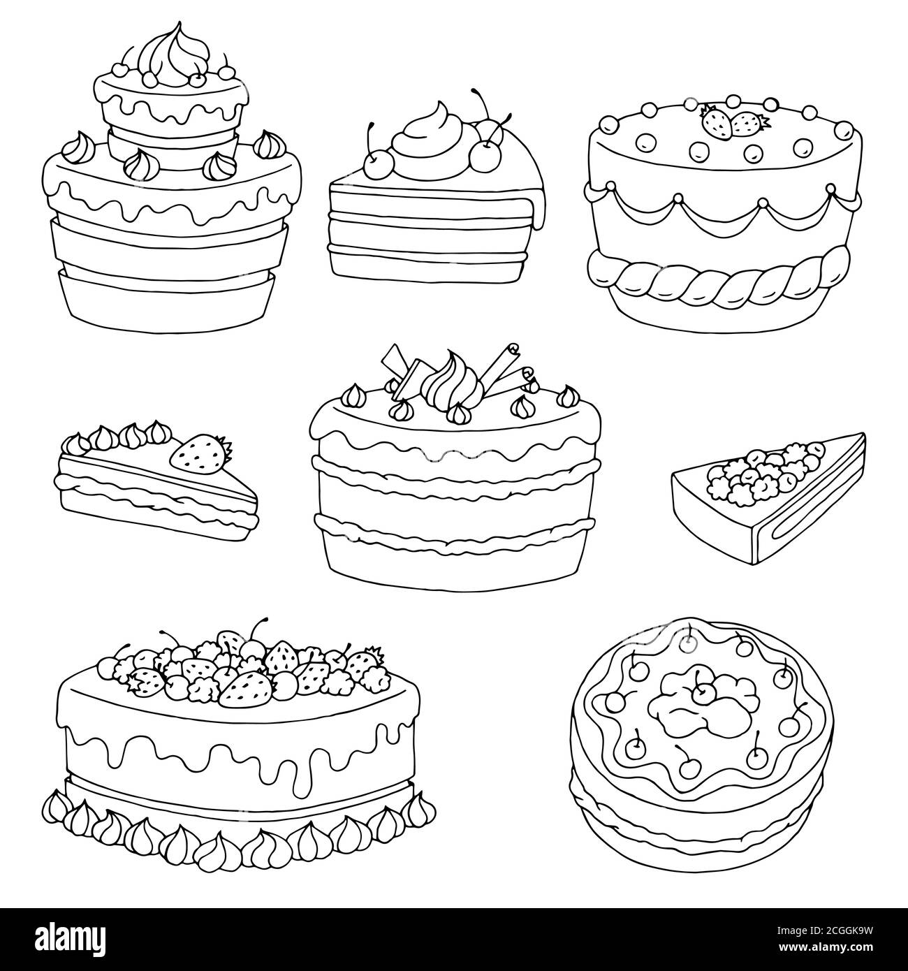 Gâteau dessert graphique noir blanc isolé ensemble illustration vecteur Illustration de Vecteur