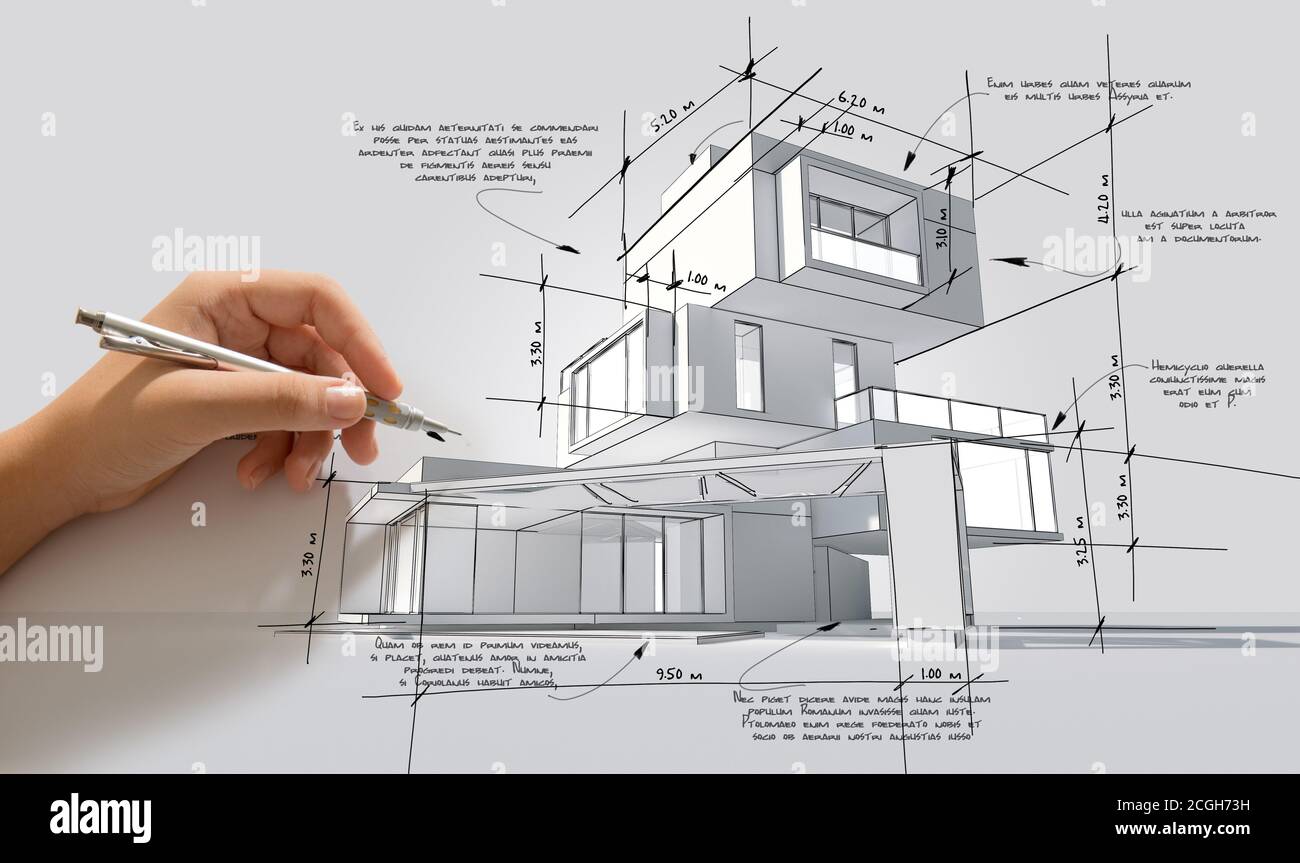 Rendu 3D d'une main ajoutant des spécifications dans un projet de construction moderne, il s'agit d'un texte factice à des fins de conception Banque D'Images