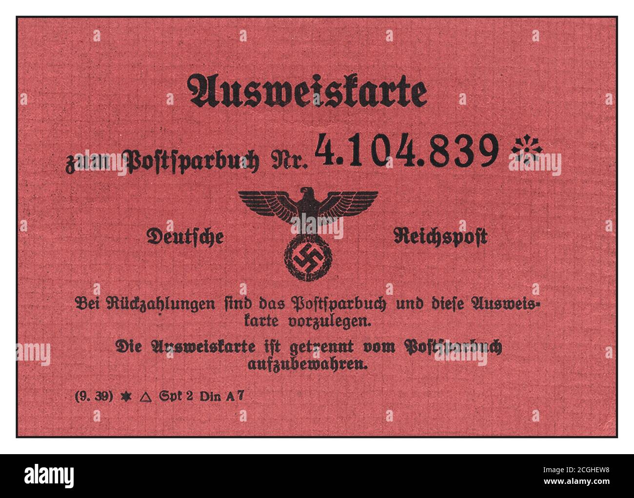 WW2 1940 carte d'identité allemande nazie -AUSWEISTARTE pour le compte d'épargne personnel allemand Reichspast. Utilisé en conjonction avec un compte épargne séparé. Banque D'Images