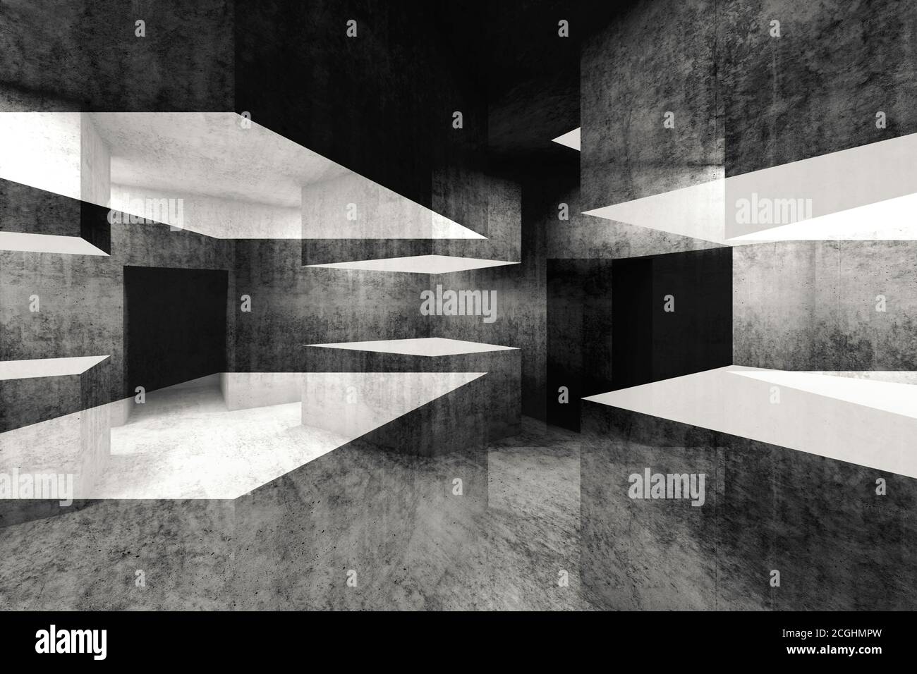 Arrière-plan intérieur abstrait en béton foncé, murs intersectés, illustration numérique multimédia mixte avec effet de double exposition, illustration de rendu 3d Banque D'Images