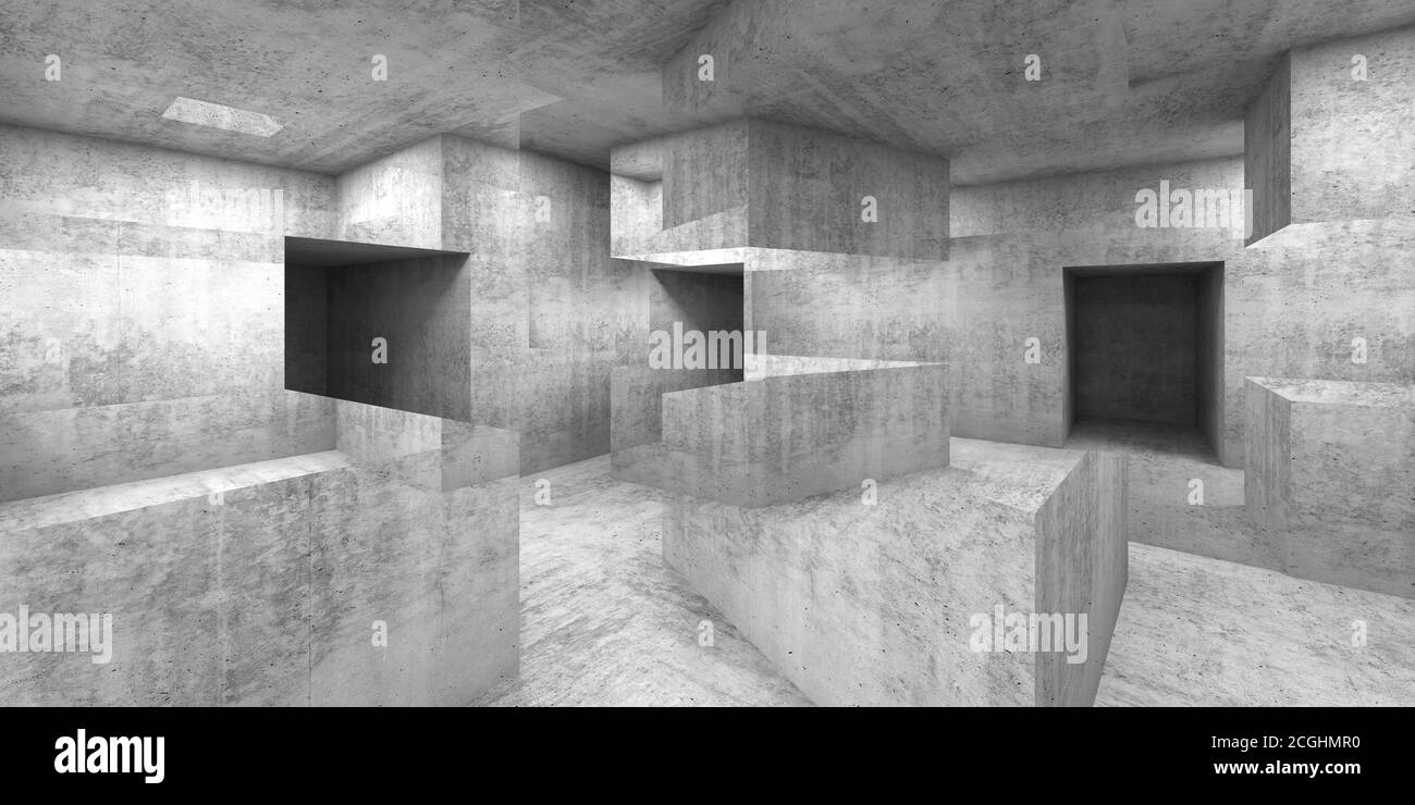 Arrière-plan intérieur de la salle en béton gris abstrait, structures croisées, illustration numérique multimédia mixte avec effet de double exposition, rendu 3d il Banque D'Images