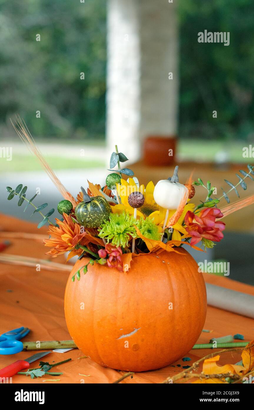 la photo verticale d'un bouquet d'automne dans un pamkine comme vase sur la table orange Banque D'Images