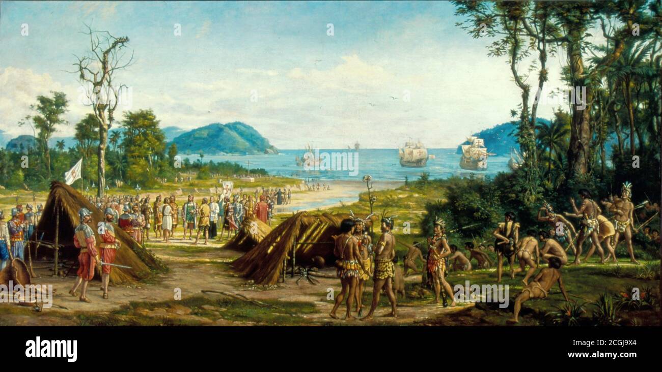 Titre: Fondation de São Vicente - Fundação de São Vicente Créateur: Benedito Calixto de Jesus Date: 1900 Dimensions: 192 x 385 cm milieu: Huile sur toile lieu: Museu Paulista da USP Banque D'Images