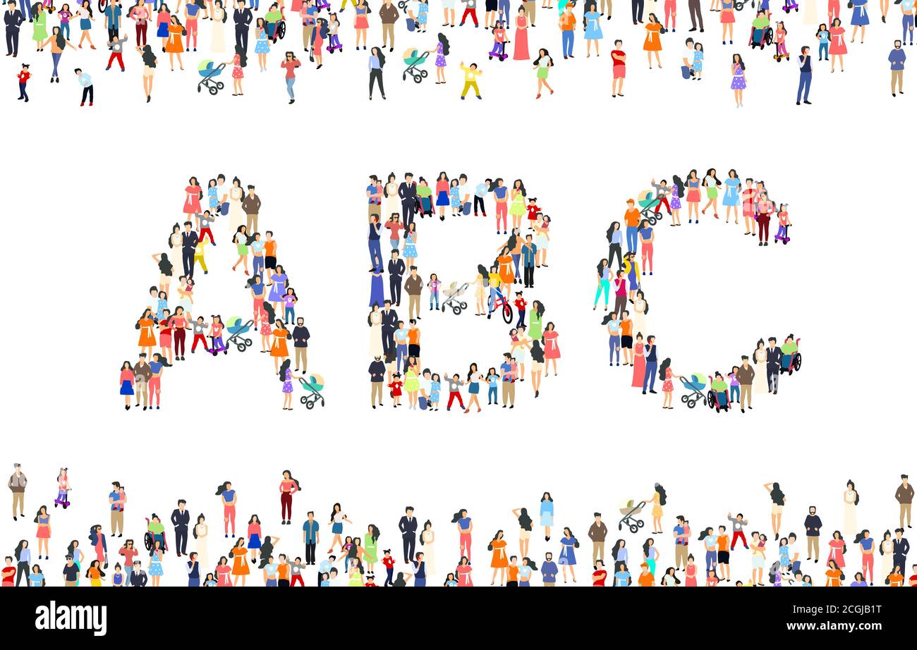 Grand groupe de personnes dans la lettre A, B, C signe. Police de personnes définie. Illustration vectorielle Illustration de Vecteur