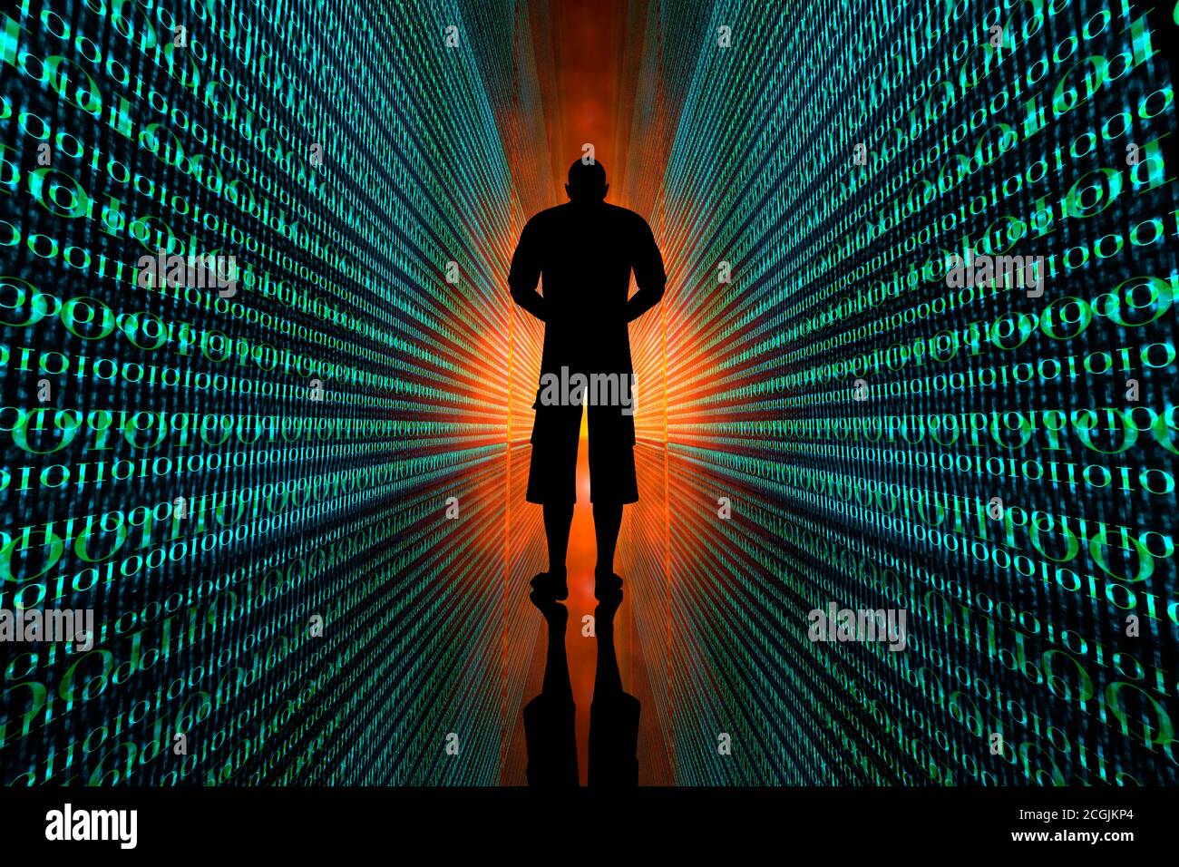 3D Illustration d'un homme se tenant entre des lignes infinies de code symbolisant son identité numérique et ses pistes de données. Banque D'Images
