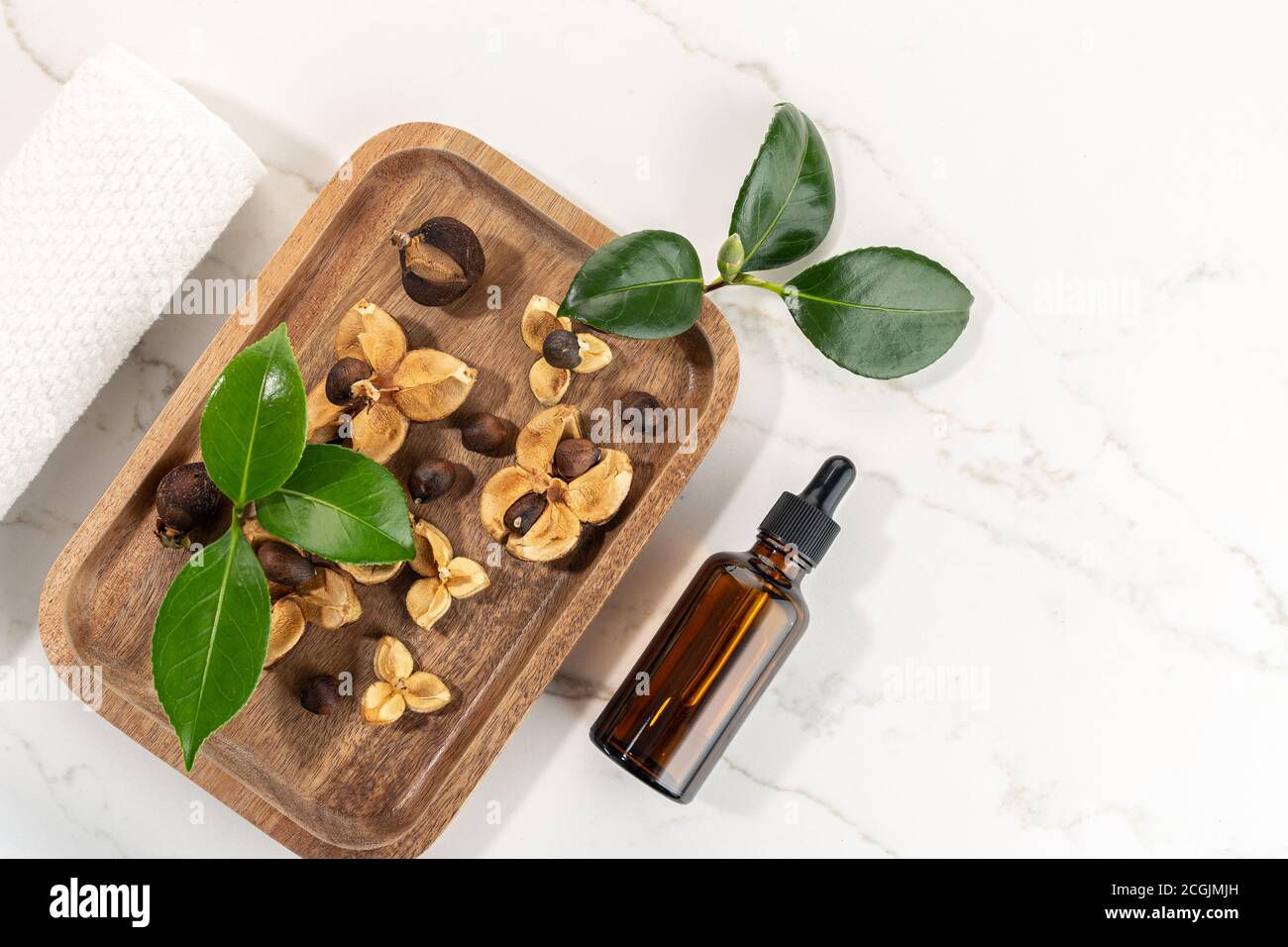 Camellia bouteille d'huile essentielle et graines de camellia sur plateau en bois Beauté, soins de la peau, bien-être Banque D'Images