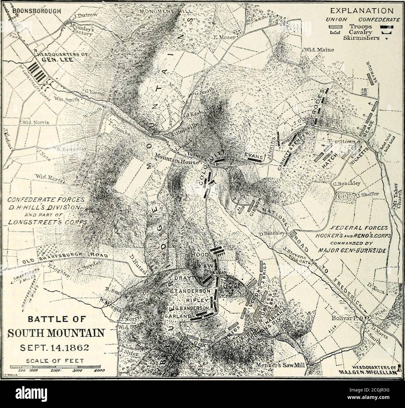 . Abraham Lincoln et les batailles de la guerre civile . h côté du brochet à 3:30 p. m.le général Meade, du côté nord, dit que thathe se déplaçait vers la droite à deux p. M., alors que le général Ricketts, qui a pris part au samemogement, dit qu'il n'est pas arrivé au pied de la montagne avant cinq p. m. Si le Gén-eral Meade n'a pas été confondu avec l'heure de son départ, il doit avoir été longtemps délayé dans les bois épais, par lesquels la première partie de sa marche a été faite. Voici probablement le meilleur endroit pour expliquer l'extraordinaire prudence des Fédations, qui nous paraissait si mystérieux sur ce 14thof S. Banque D'Images