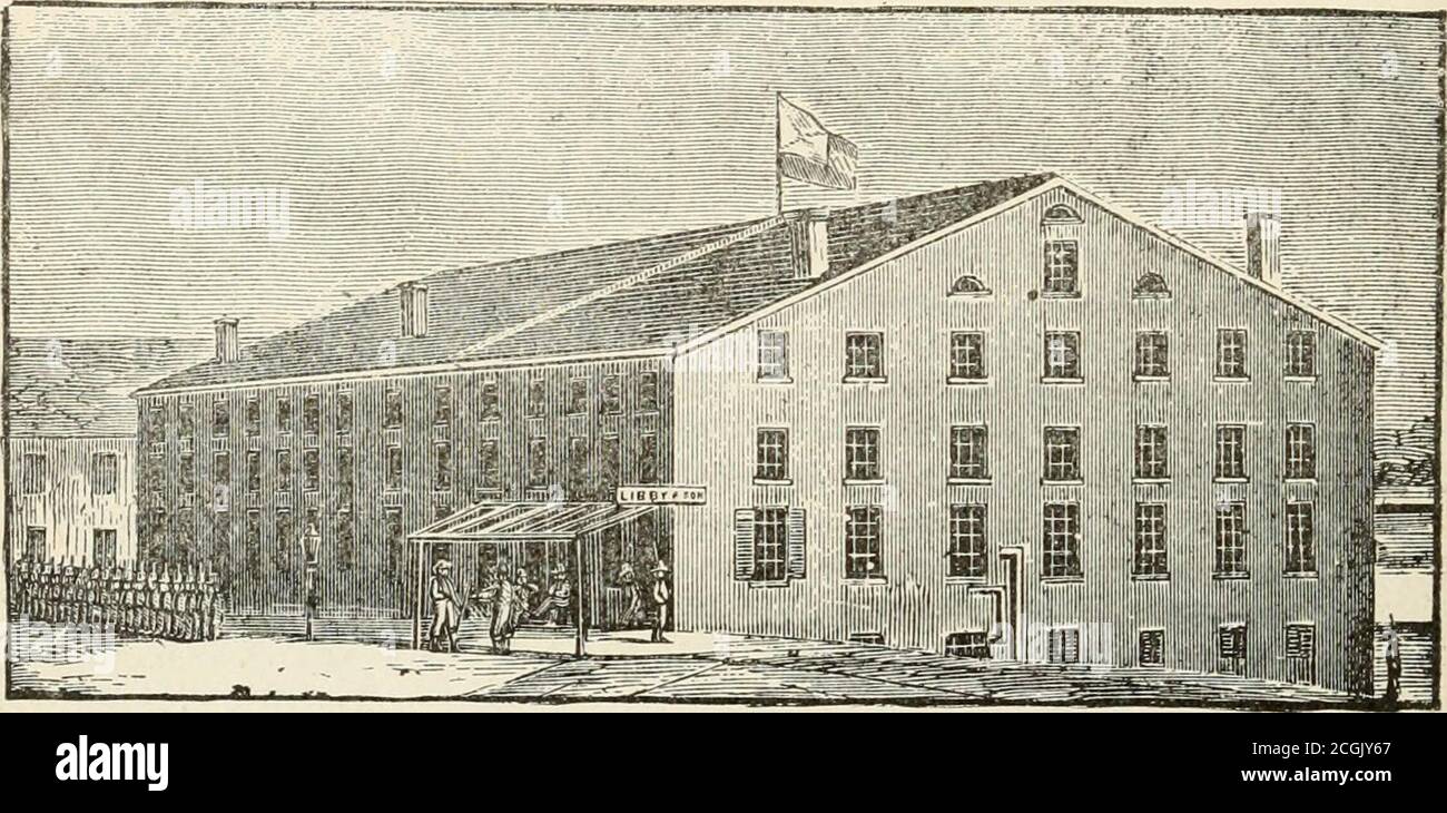 . Histoire du vingt-quatrième Michigan de la brigade de fer, connu sous le nom de régiment de comté de Detroit et Wayne .. . ut sur Belle Isle. Alors qu'ici, en novembre, huit ou dix de nos soldats sont morts en rampant sur l'extérieur du remblai lancé pour nous séparer de la garde.ils avaient gelé à mort. Leurs corps ont été laissés là pendant cinq jours jusqu'à ce que les porcs de l'île les aient mangé, les rebelles refusant de les faire enlever. Au début, nous avions un très petit morceau de viande et une tasse de soupe de pois, une fois par jour. Ces petits pois étaient infestés de punaises noires dans les coquilles et souvent ils avaient mangé le pois entier Banque D'Images