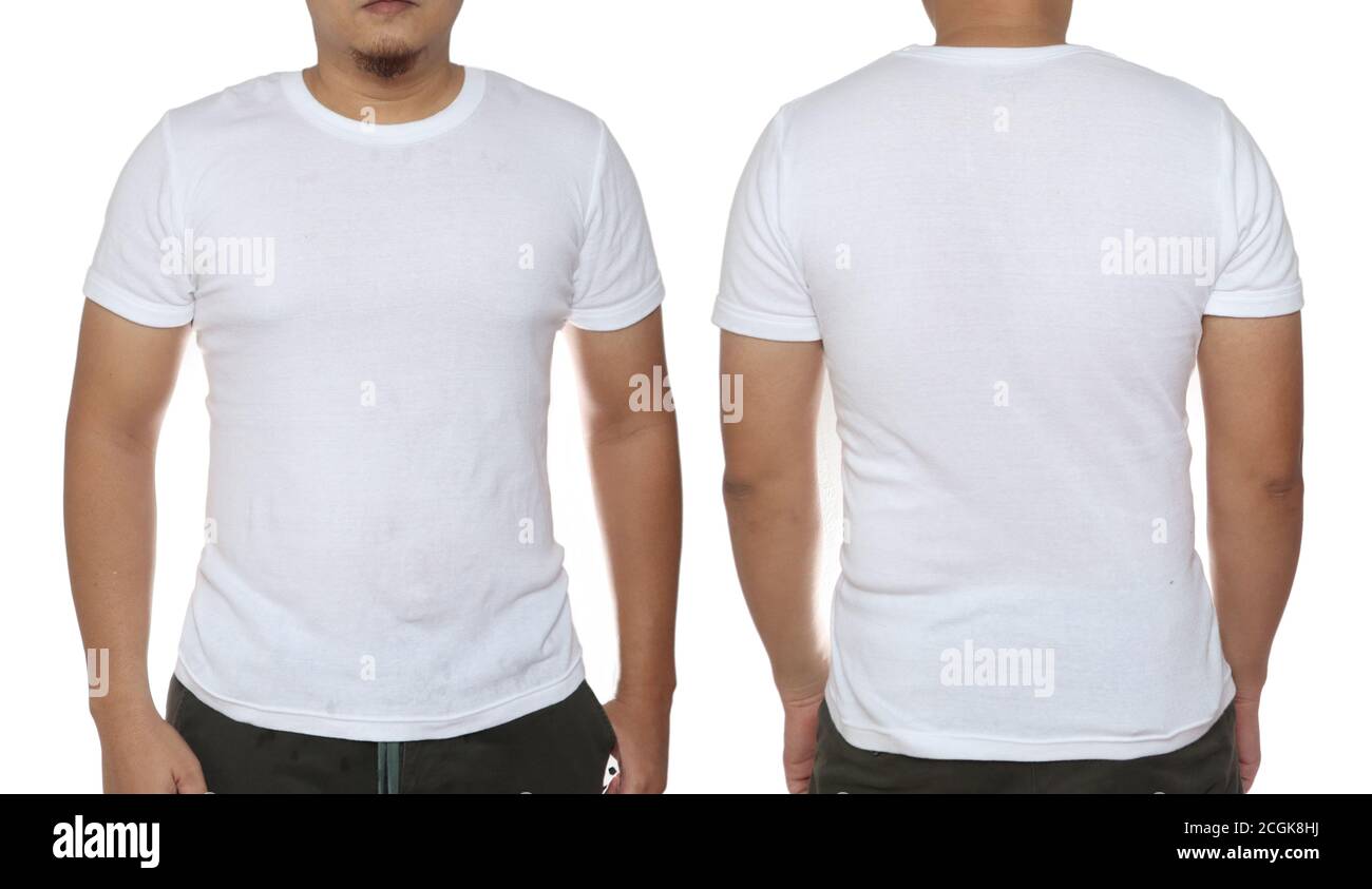 Maquette de t-shirt blanc, vue avant et arrière, isolée. Modèle pour homme  porter une maquette de chemise blanche unie. Modèle de t-shirt. T-shirt  vierge pour impression Photo Stock - Alamy