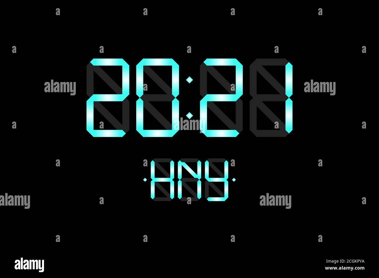 Carte de Noël joyeuse pour le nouvel an avec affichage numérique lcd, horloge numéro 2021 et lettres HNY bleues sur fond noir. Illustration vectorielle de calendrier de fête de Noël Illustration de Vecteur