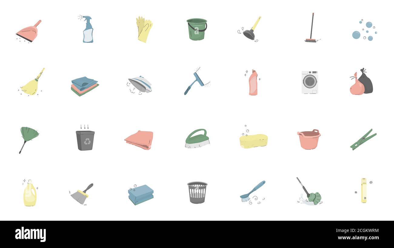 Kit d'illustrations de service de nettoyage. Blanchisserie et nettoyage à sec, produits de nettoyage Illustration de Vecteur