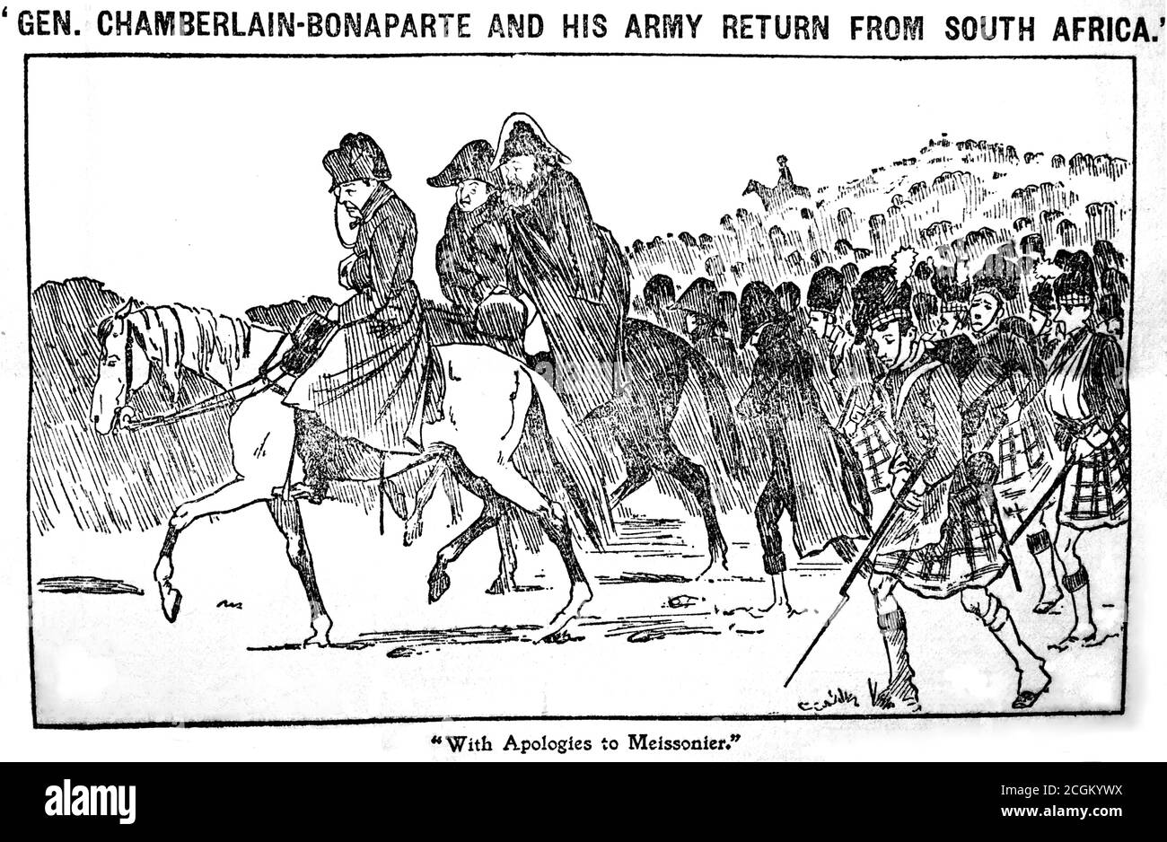 Un journal historique contemporain intitulé « Gen Chamberlain-Bonaparte et son armée reviennent d'Afrique du Sud avec la légende "avec excuses à Meissonier". Le croquis montre le secrétaire colonial britannique Joseph Chamberlain comme Napoléon à la tête d'une armée défaite, faisant référence à la retraite de moscou en 1812. Réimprimé du Amsterdam et publié dans le Daily Mail du 23 novembre 1899. Banque D'Images