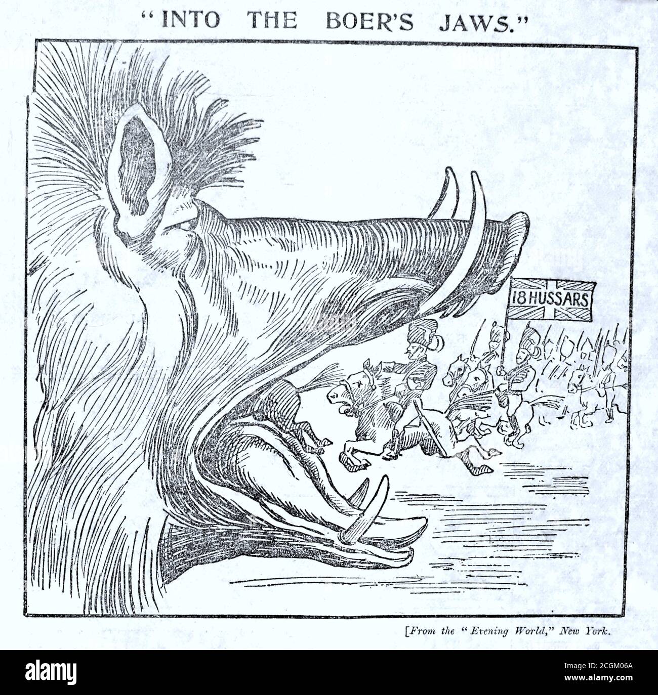 Un journal contemporain historique portant le titre « dans les mâchoires du Boer » montrant les 18 Hussars britanniques qui se chargent dans l'embouchure d'un grand boer. Réimprimé du Evening World, New York, et publié dans le Daily Mail le 23 novembre 1899. Banque D'Images