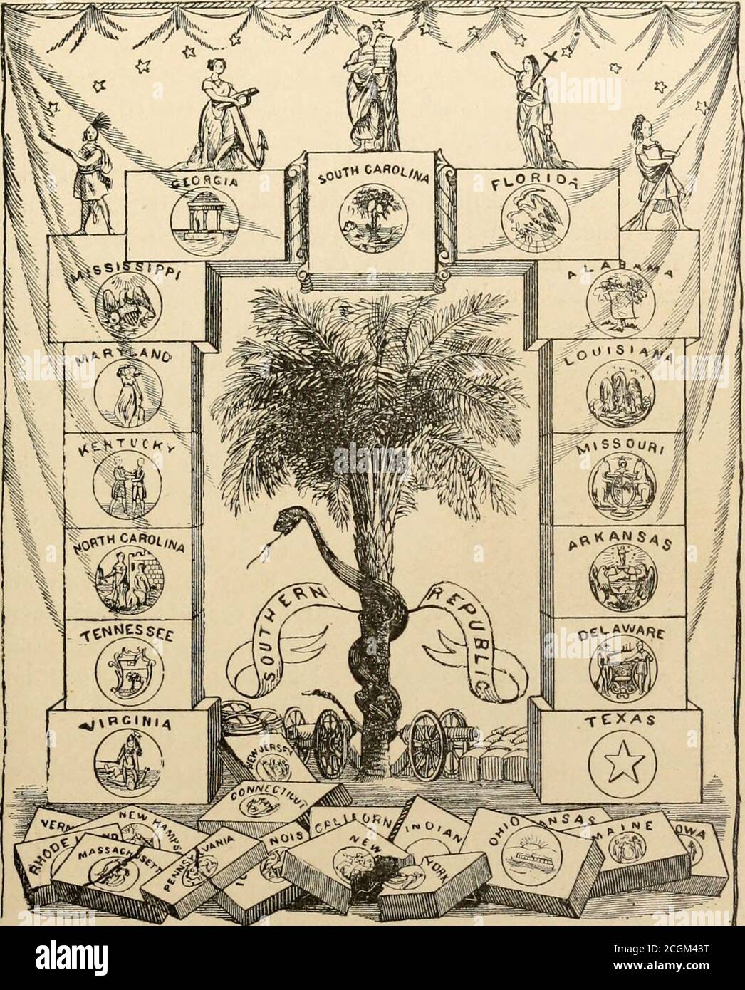 . L'histoire de la guerre des jeunes gens pour l'Union . Arbre Palmetto. I860.] SCÈNES DE SÉCESSION. 87 la sécession a été accueillie tlioughout tlie ville l^y tlie firingde salntes et tlie sonnant de cloches d'église, et Palmetto flagsbere hissé partout, tandis que le drapeau de l'Union n'était nulle part pour être vu. Une procession d'hommes a défilé à St. Philips. e y ll L T F (R & li^il y iw f R U I H §&lt; Banner op the Secession Convention. church-yard, et formant un cercle autour de la tombe de Cal-houn, jurait qu'ils consacraient leur vie et leur theirproperty à la cause de l'indépendance. Les femmes ont surpeuplé les 38 SECESSIO Banque D'Images