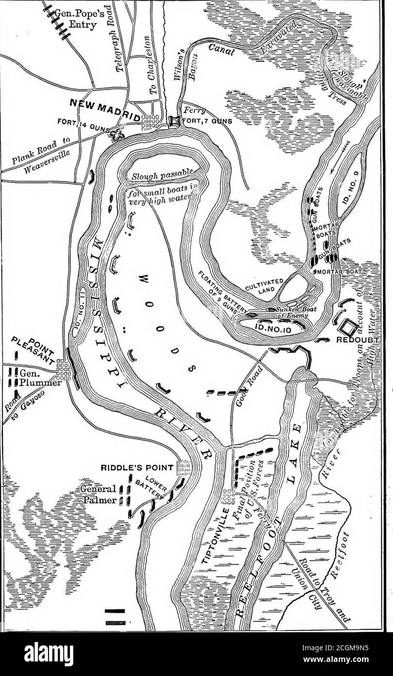 . La vallée du Mississippi pendant la guerre civile . r belowNew Madrid, cette route de Tiptonville était leur ligne d'évasion. Mais pour fermer le chemin du thisroad, il était nécessaire que les Fédarés non seulement tocape New Madrid, mais aussi de faire fonctionner leurs bateaux à canon et de transporter le long de l'île elle-même, et ce fut considéré comme impossible. L'île a été garrisée par 7000 hommes. Jusqu'à présent, avant les Linewas confédérés nécessairement susceptibles d'être submergés, sans doute il aurait été évacué, mais pour la croyance que les canonnières fédérales ne pouvaient pas le passer. Sur la 3d de Mars général Jean Pape A. Banque D'Images