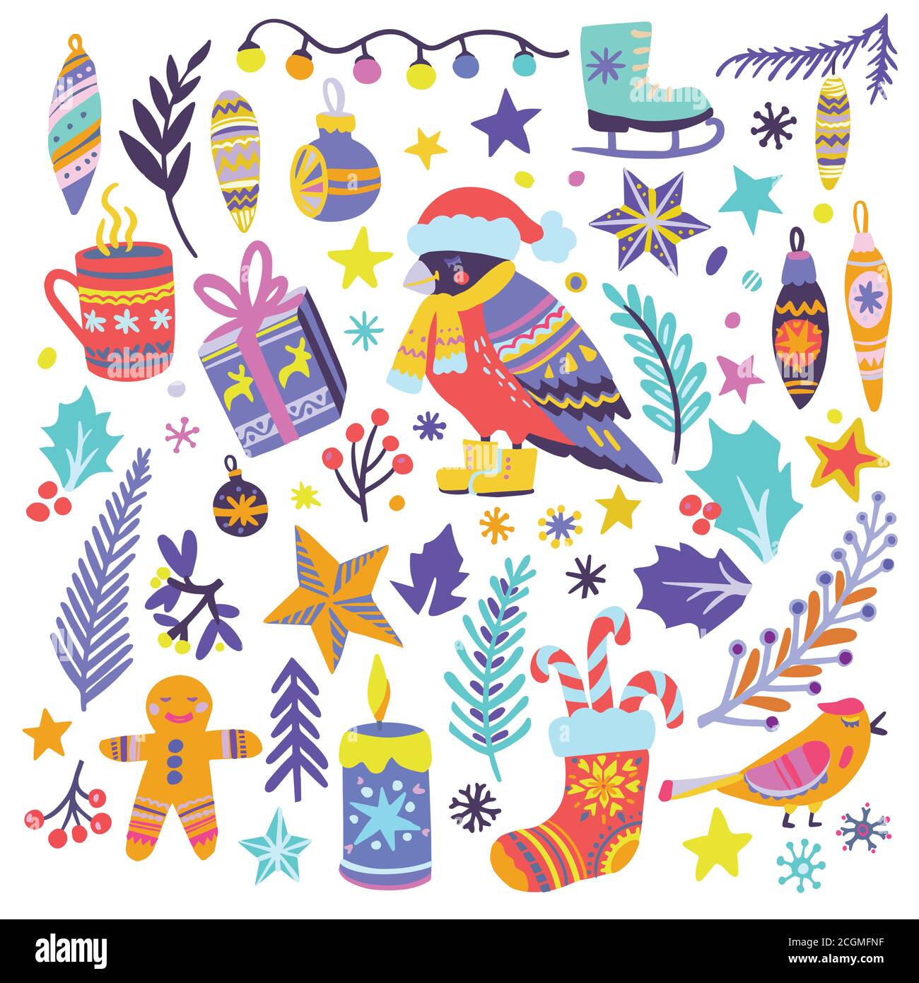 Noël douillet, joyeux nouvel an mignon illustration dessinée à la main. Grand ensemble d'éléments vectoriels pour les invitations et les cartes de vœux Illustration de Vecteur