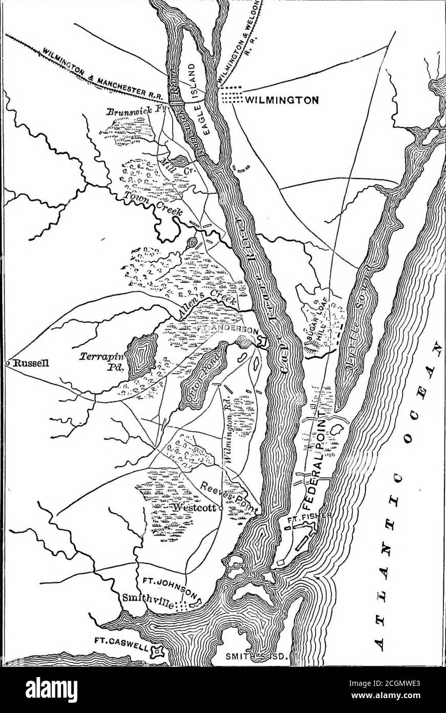 . L'armée dans la guerre civile. . nel. Avillage de pilotes et de pêcheurs, appelé Smithville, se pose sous les canons de fort Johnson, un pittoresque petit endroit emboweredin live-chênes, où les hommes audacieux vivaient qui ont choisi les nuits les plus rudes et les jours les plus foggiles pour le pilotage dans les coureurs de blocus sur lesquels le Sud était dépendant du commerce. Fort Fisher commandait non seulement New Inlet où les tanzins du chenal amenaient tous les navires entrant sous ses canons, mais la nane-propriétaire de Federal point lui donnait également le contrôle de la rivière; et quand il devrait être en possession, le port serait fermé. Il ha Banque D'Images
