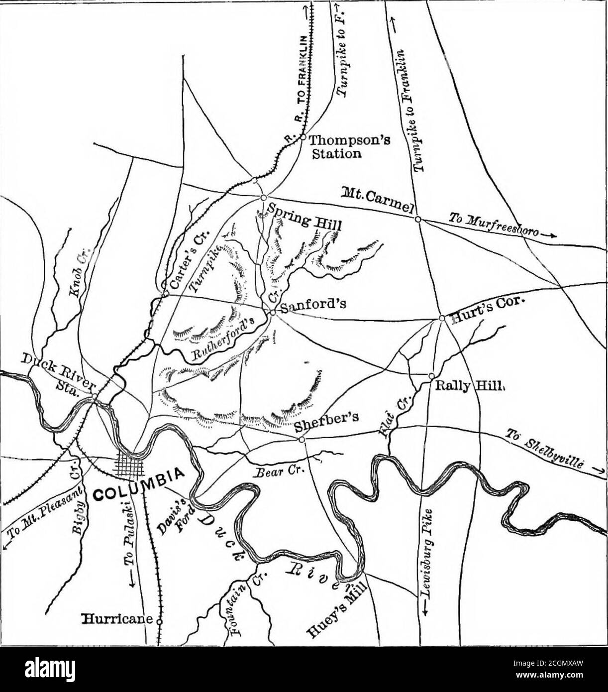 . L'armée dans la guerre civile. . augmenté Wilsons cavalryto environ sept mille équipés, cinq régiments étant sentinelles de Nashville entre le 24 et le 27 du themonth. Ceux-ci, cependant, ne l'ont pas atteint à l'avant du tillthe 30ème, et jusqu'à ce moment sa force est restée inférieure à la longueur des Forrest, même si nous déduisons de la dernière division EOD-deys, qui semble avoir été détaché, guardingNorthern Alabama. Dans la nuit du 25 Schofield ordonna à Cox tomove deux brigades de sa division au côté nord de la personne, et de prendre une position couvrant le pont ponton qui était un Banque D'Images