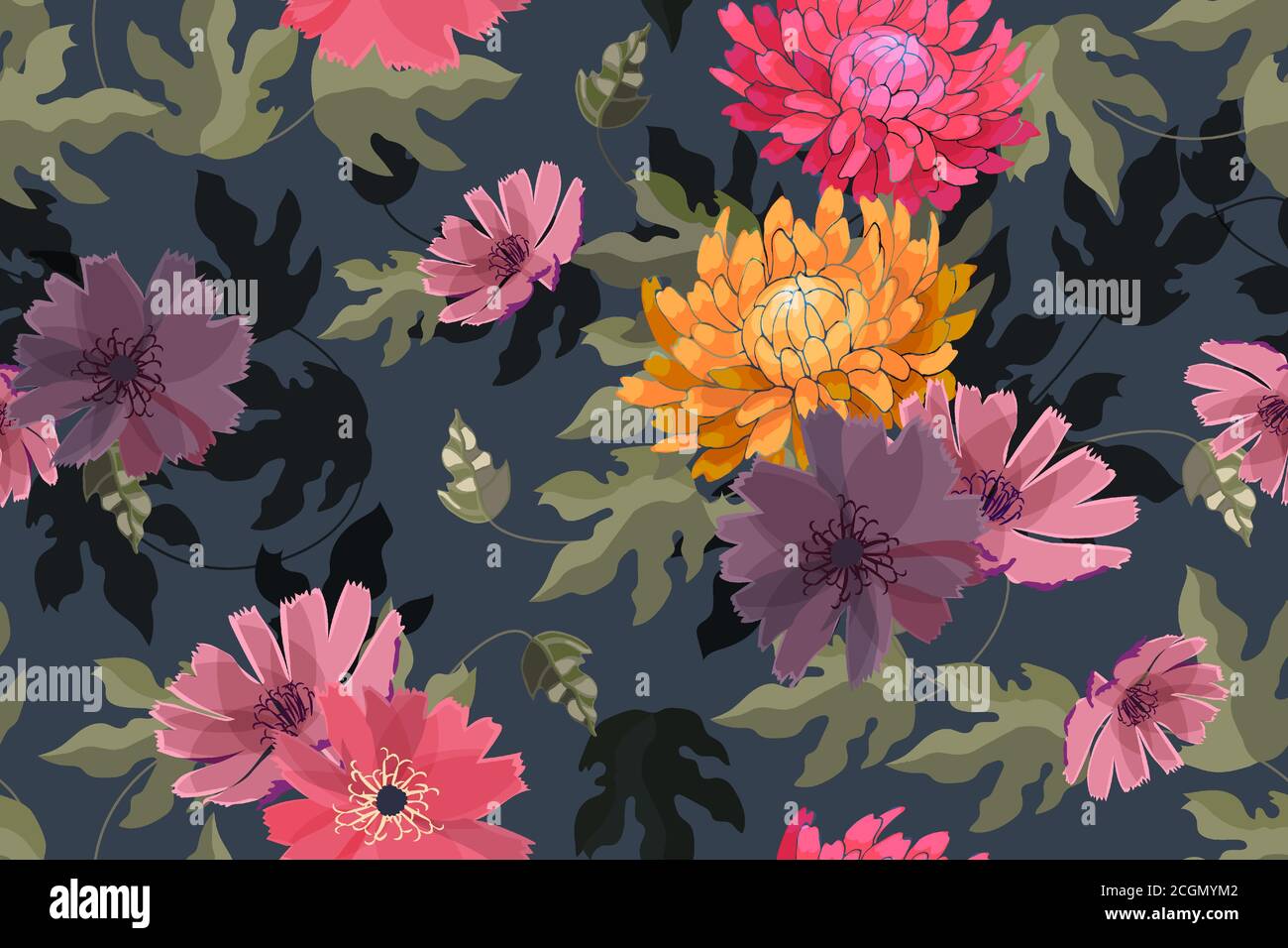 Motif Art floral vectoriel sans coutures. Asters d'automne, chrysanthèmes. Illustration de Vecteur