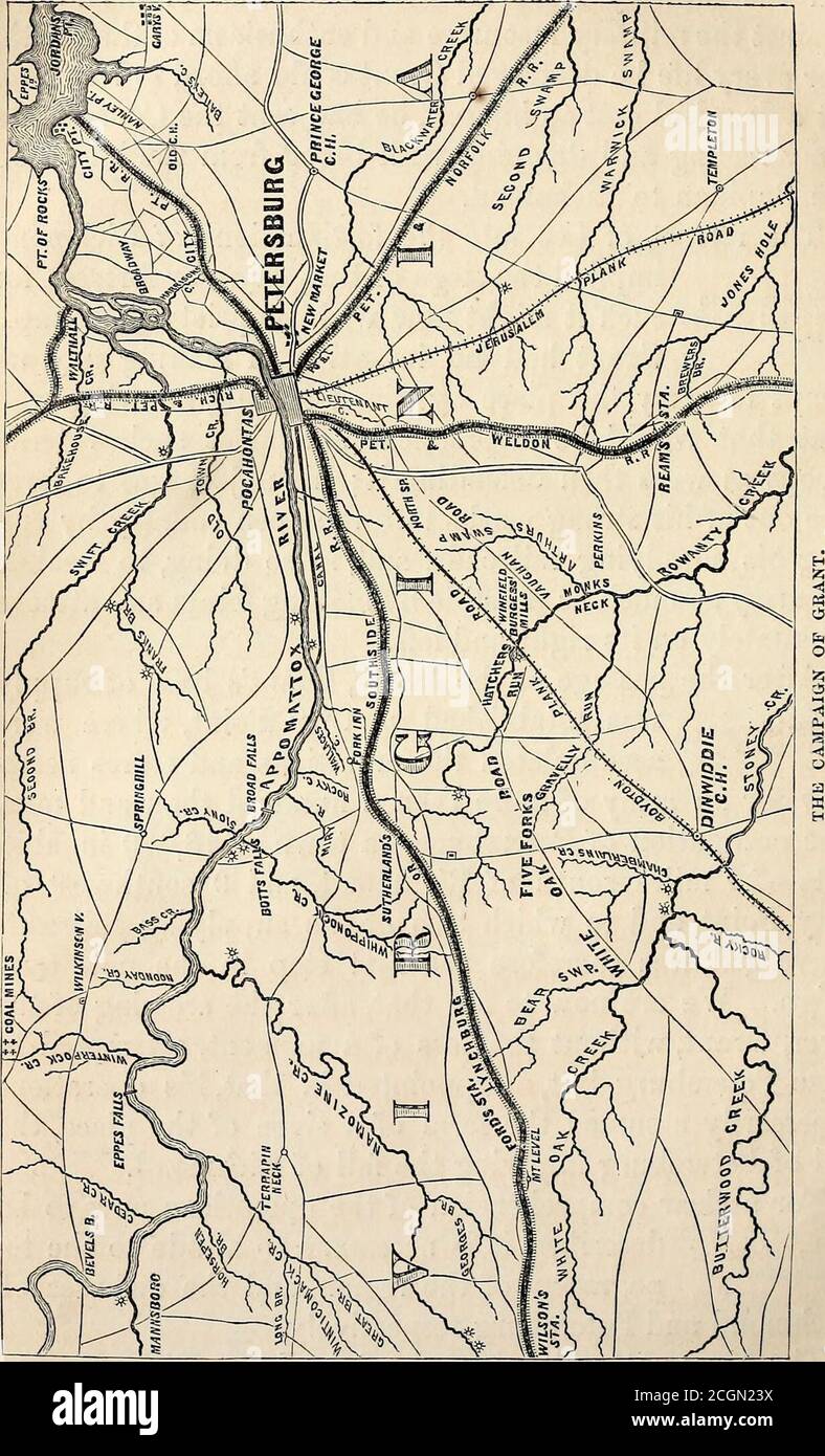 . Histoire de la guerre civile américaine . passage du Jacques, base de Grants de supplyHe siège a été établi à City point, où a été garé les munitions et les stocks neces-sary pour une armée de plus de cent mille hommes.l'occupation de Petersbourg, une ville de 18,000 personnes habitées— 22 miles au sud d'Eichmond, et 9 au sud-ouest de City point, et à laquelle deux des chemins de fer d'approvisionnement convergeaient, a donc été la première étape de la nouvelle came-paign. Nous devons maintenant voir qu'après la traversée de la personne, Grant, sans perdre un moment, a tenté de jeter Petersbourg, mais, déçu Banque D'Images