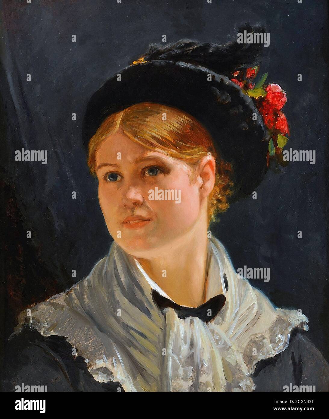 Soubre Charles - Portrait de Jeune Femme au chapeau fleuri - École belge - 19e siècle Banque D'Images