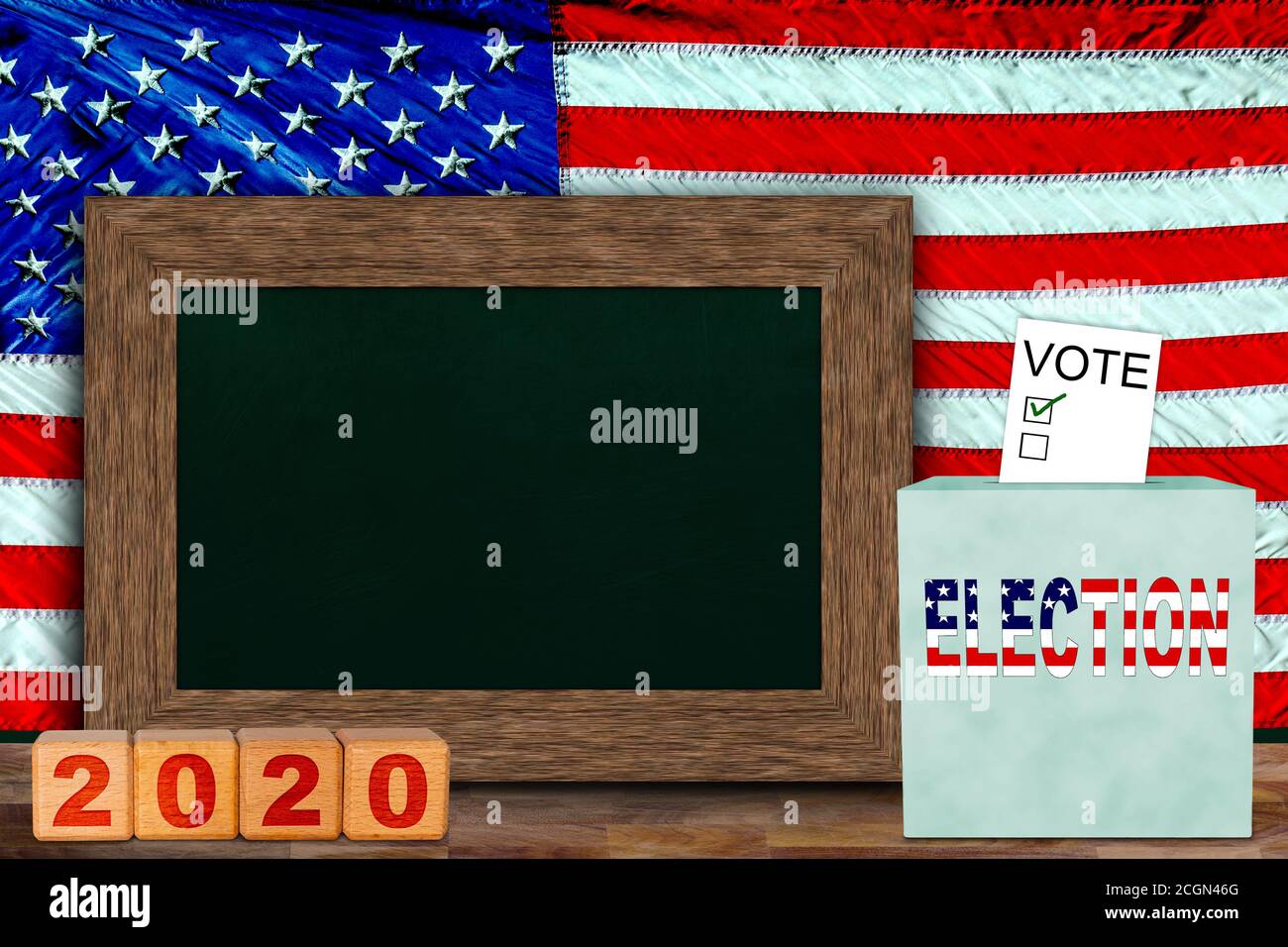 CONCEPT DES élections AMÉRICAINES avec drapeau américain accroché derrière un tableau en bois pour l'espace de copie, et boîte de vote avec bulletin de vote. Concept de président, s Banque D'Images