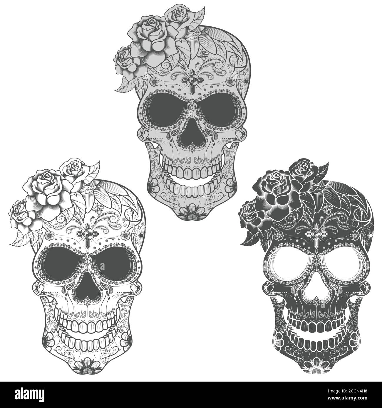 Conception vectorielle du crâne mexicain, en commémoration du jour des morts. Échelle de gris. Illustration de Vecteur