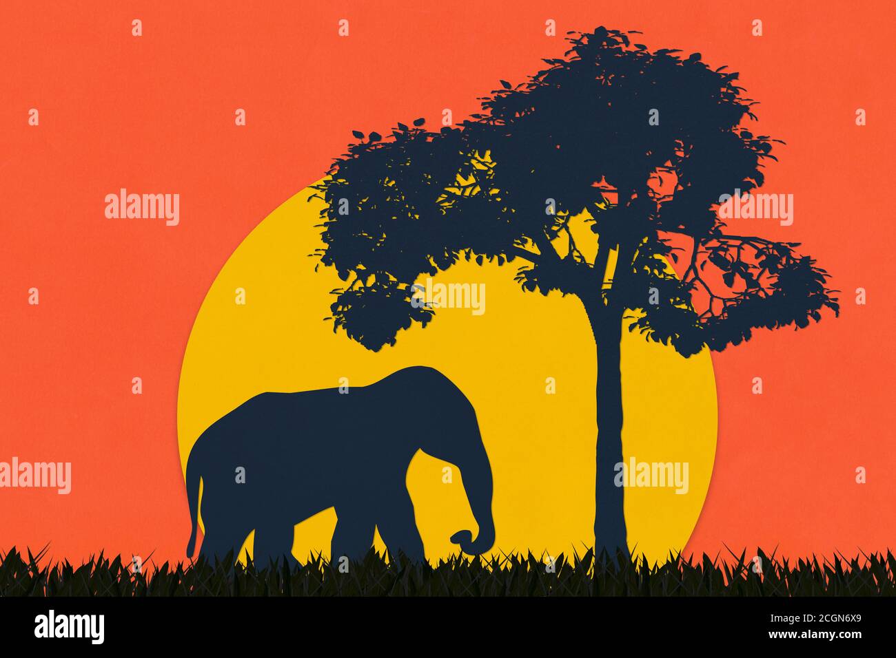 Éléphant et arbre en papier d'art dans le style silhouette, papier art de safari coucher de soleil. Banque D'Images