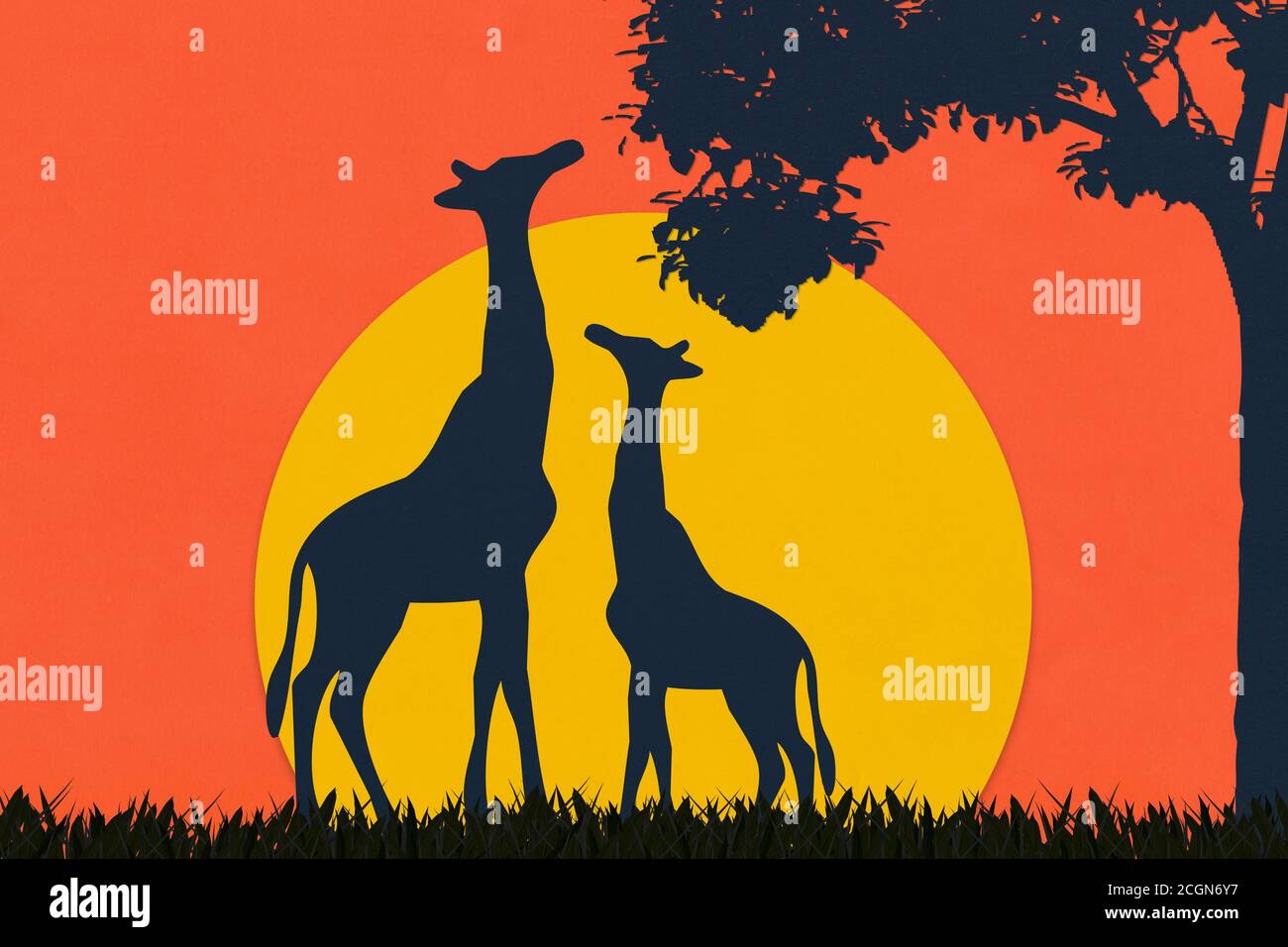 Girafe et arbre en papier d'art dans le style de silhouette, art papier du coucher de soleil safari. Banque D'Images