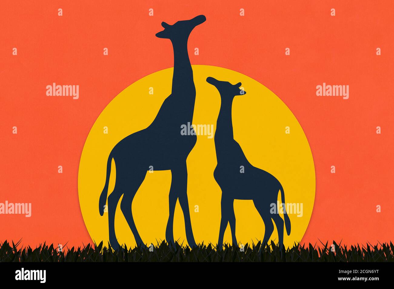 Girafe en papier d'art dans le style silhouette, art papier du coucher de soleil safari. Banque D'Images