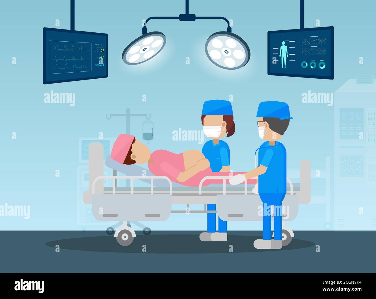 Gynécologue et infirmière dans la salle d'accouchement conception plate illustration vectorielle Illustration de Vecteur