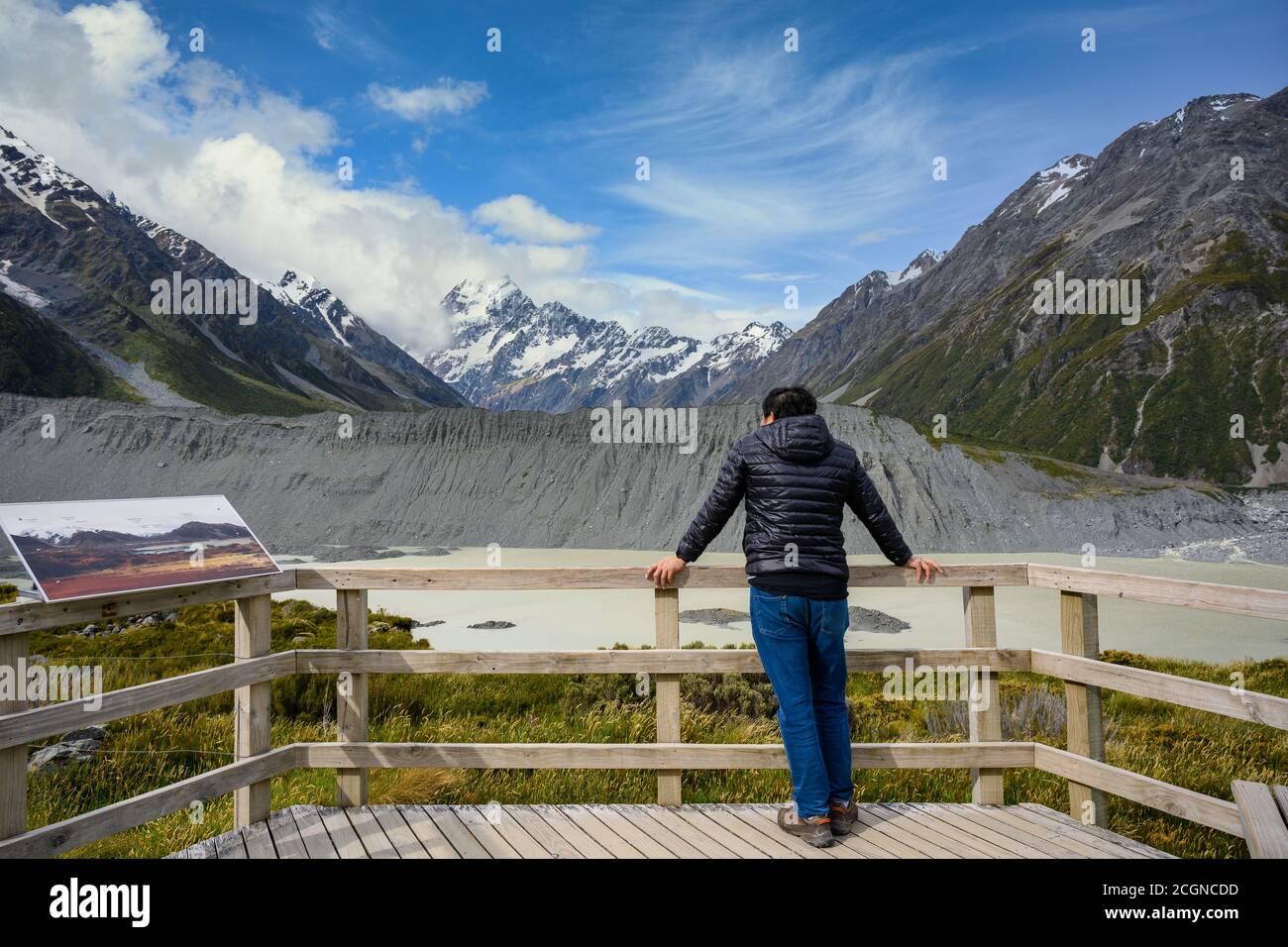 Un homme touriste regarde Panorama vue sur le glacier mueller et le lac mueller à kea point dans le parc national du Mont Cook, les montagnes rocheuses et le vert Banque D'Images