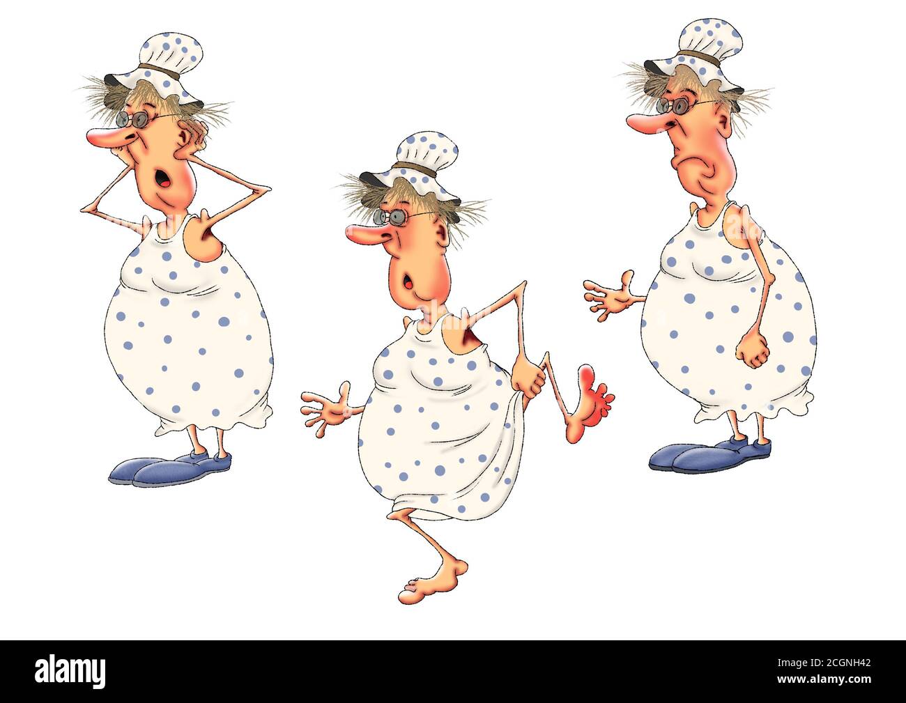 grand-mère drôle dans une chemise de nuit et une casquette dans diverses  poses. Illustration de la caricature Photo Stock - Alamy