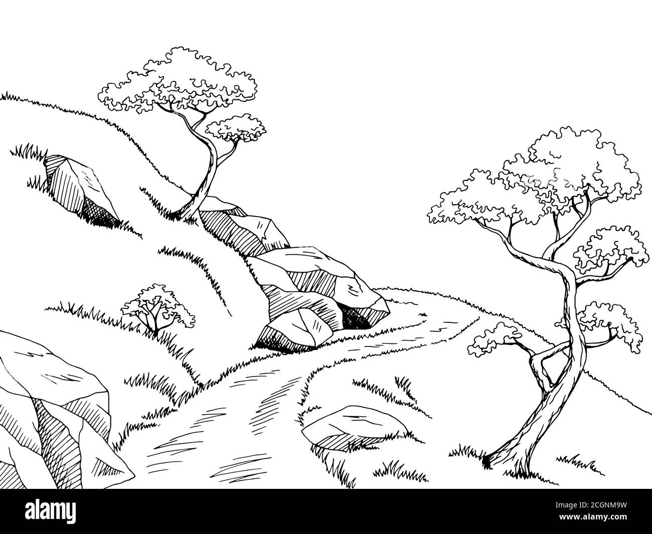 Schéma de route de montagne noir blanc paysage dessin vecteur d'illustration Illustration de Vecteur