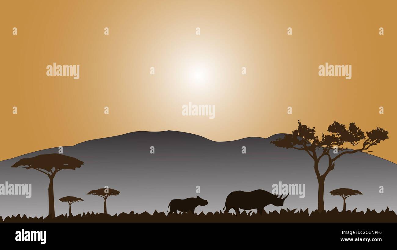 Ensemble de la famille de rhinocéros de silhouette dans la prairie sur fond multicolore. Banque D'Images