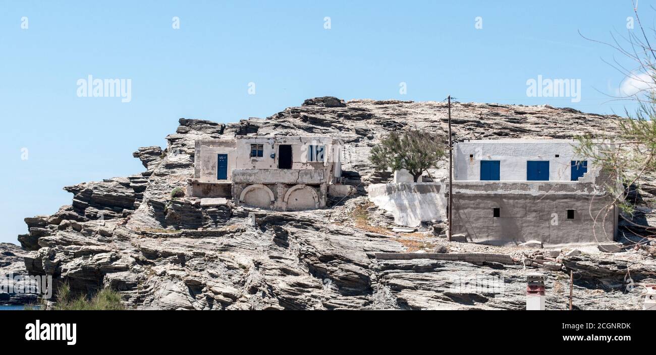 Photos prises de l'île grecque Tinos dans le sud de la mer Égée près de l'île de Mykonos. Ces photos se composent principalement de maisons, de fruits de mer, de navires et d'archéologie Banque D'Images
