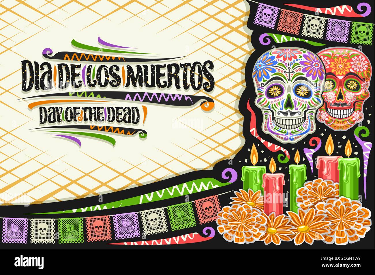 Carte de vœux vectorielle pour Dia de los Muertos avec espace de copie, mise en page de papier découpé décoratif avec illustration de crânes, drapeaux colorés et lettre unique Illustration de Vecteur