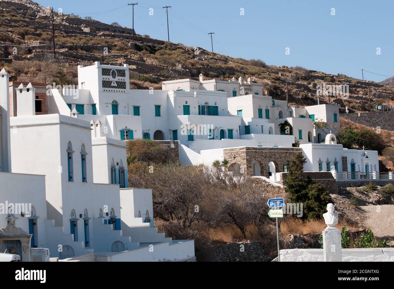 Photos prises de l'île grecque Tinos dans le sud de la mer Égée près de l'île de Mykonos. Ces photos se composent principalement de maisons, de fruits de mer, de navires et d'archéologie Banque D'Images