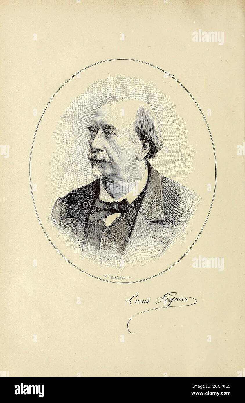 Portrait de Louis Figuier (1819-1894), écrivain scientifique français. Œuvres du livre les merveilles de la science, ou Description populaire des inventions modernes [les merveilles de la science, ou Description populaire des inventions modernes] par Figuerer, Louis, 1819-1894 publié à Paris 1867 Banque D'Images