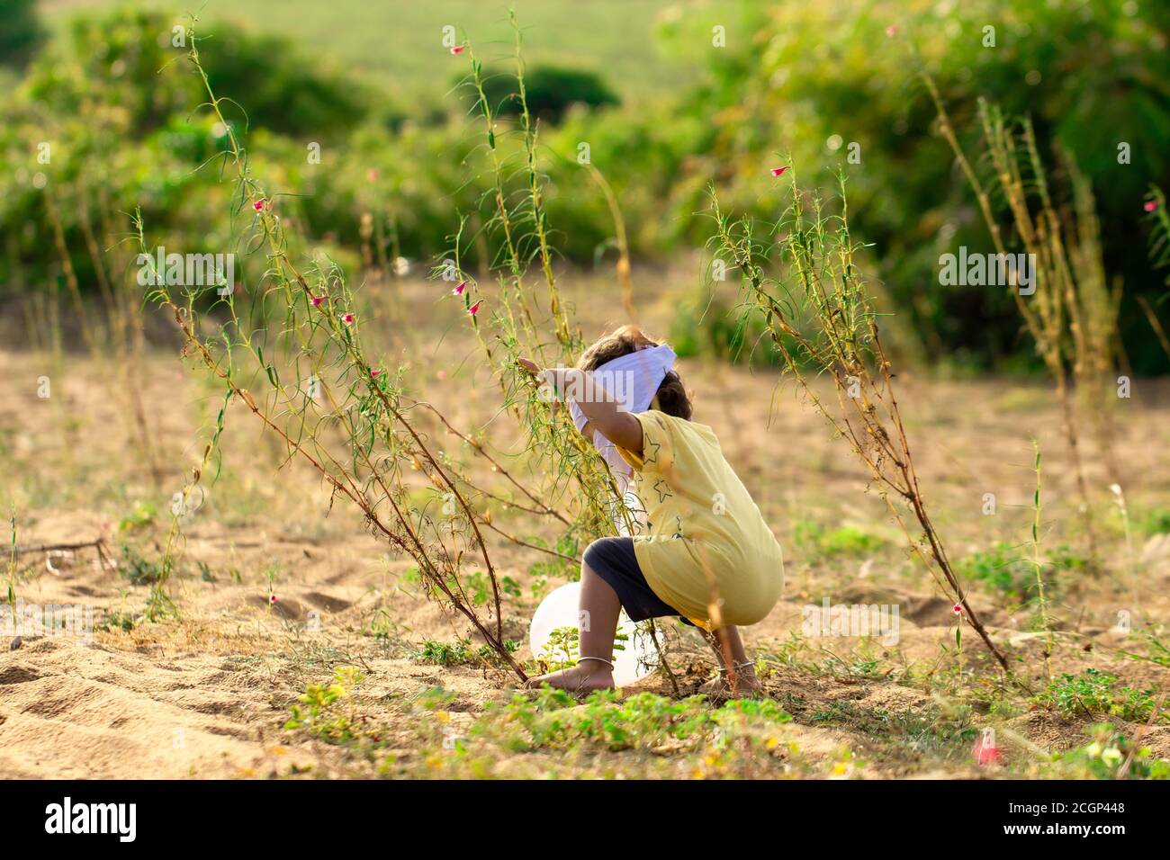 Un enfant indien essayant de prendre un ballon blanc soufflé dans les buissons par le vent, pour éviter le virus corona, un petit enfant asiatique jouant dans le jardin avec Banque D'Images