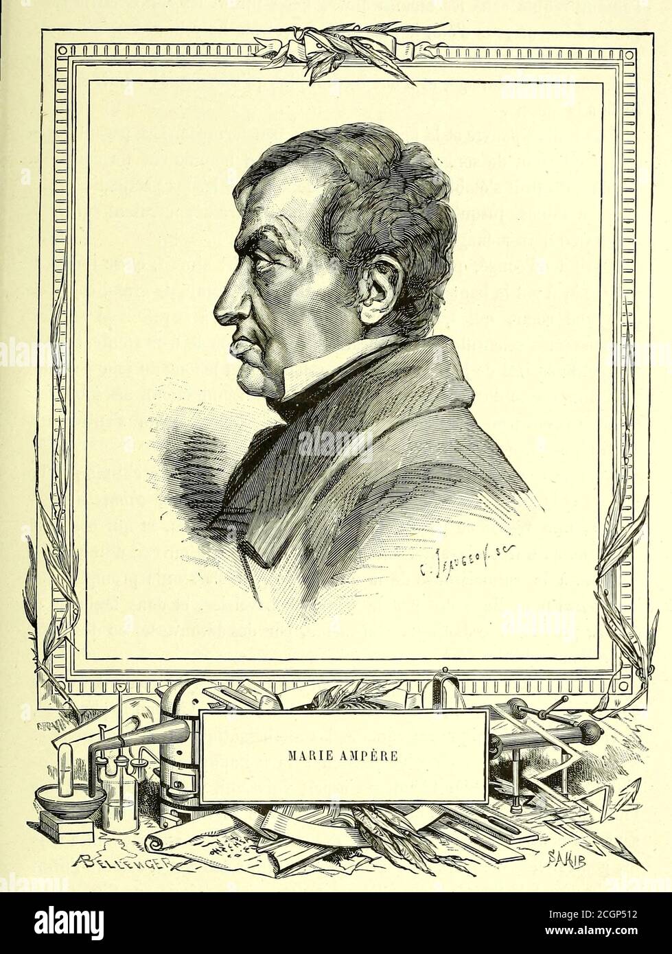 André-Marie Ampère (20 janvier 1775 – 10 juin 1836) était un physicien et mathématicien français, l'un des fondateurs de la science de l'électromagnétisme classique, qu'il a appelée « électrodynamique ». Il est également l'inventeur de nombreuses applications, comme le solénoïde (un terme inventé par lui) et le télégraphe électrique. Autodidacte, Ampère était membre de l'Académie des Sciences et professeur à l'École polytechnique et au Collège de France. L'unité si de mesure du courant électrique, l'ampère, est nommée d'après lui. Son nom est également l'un des 72 noms inscrits Banque D'Images