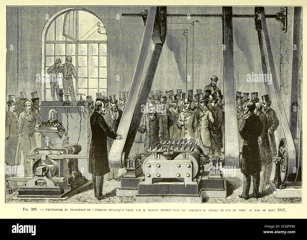 Système de distribution d'électricité Marcel Deprez basé sur la transmission longue distance de courant continu. Du Livre les merveilles de la science, ou Description populaire des inventions modernes [les merveilles de la science, ou Description populaire des inventions modernes] de Figuerer, Louis, 1819-1894 publié à Paris 1867 Banque D'Images