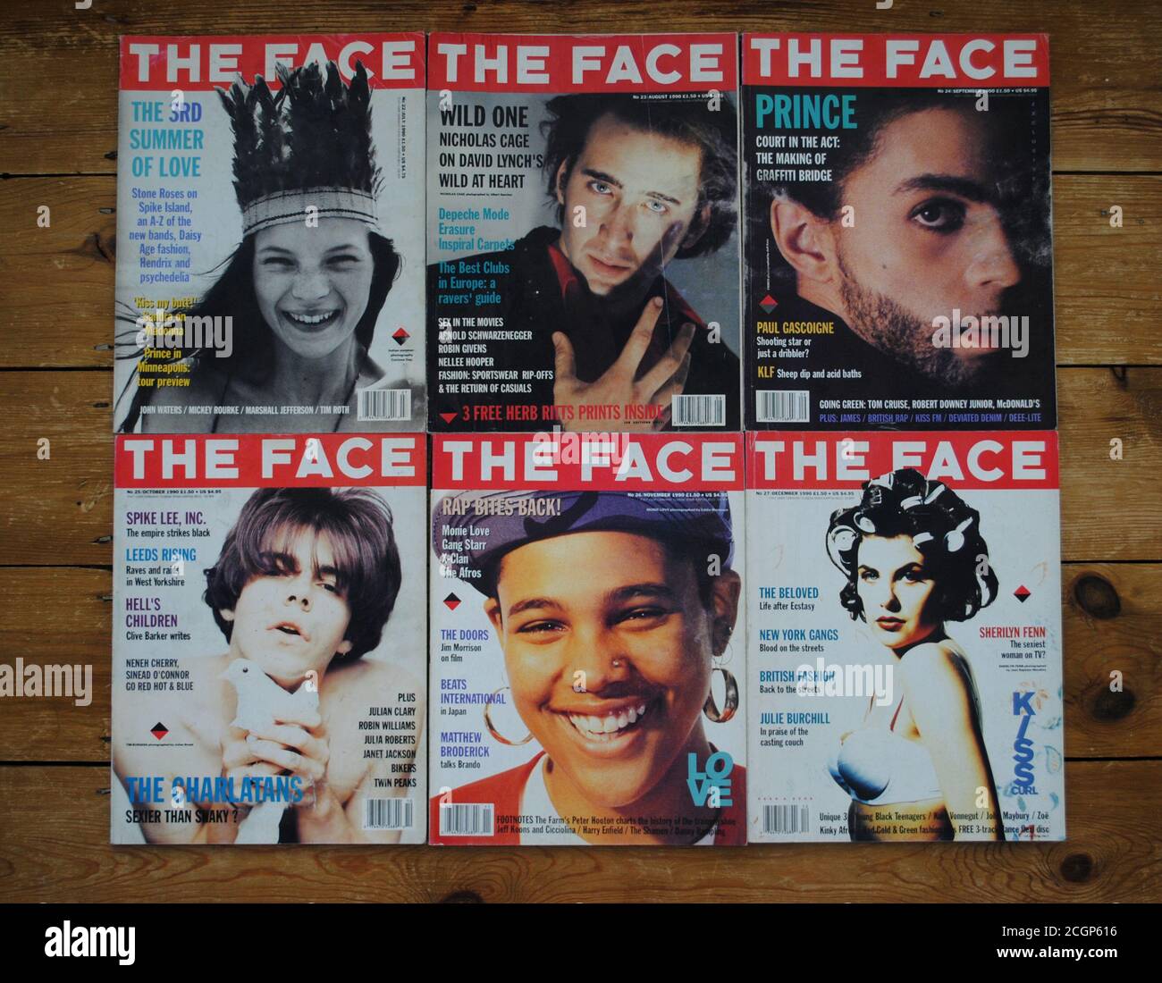 Ensemble, 6 couvertures du célèbre magazine The face du 1990 juillet au mois de décembre, avec Nicholas cage, Tim Burgress, Prince, Monie Love et Kate Moss Banque D'Images