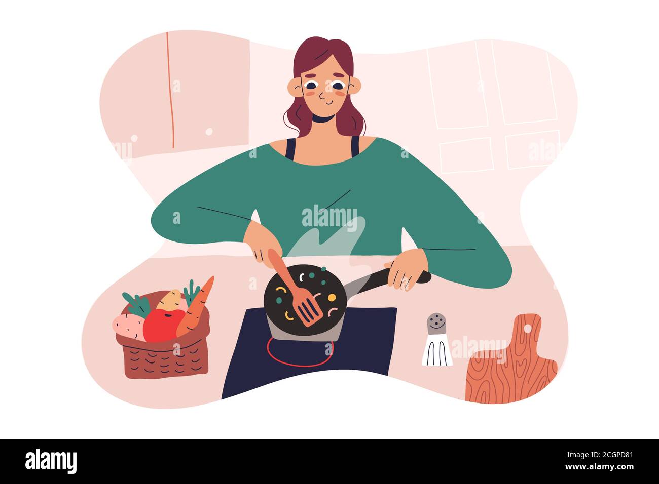 Femme cuisinant à la maison, à sa cuisine, mignonne jeune femme préparant la nourriture, à l'aide d'une poêle à frire, personnage de dessin animé moderne, illustration vectorielle, cosy Illustration de Vecteur