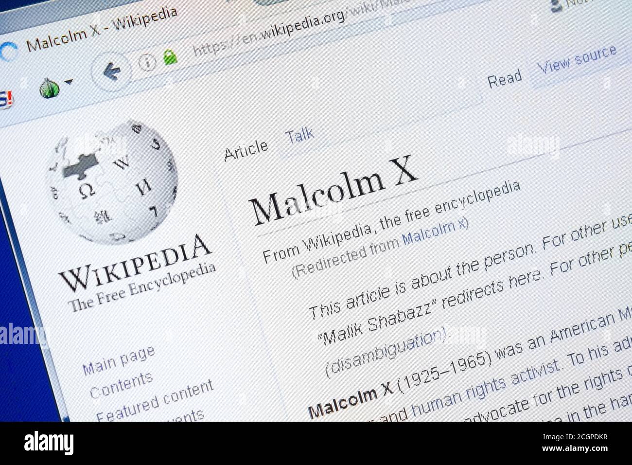 Ryazan, Russie - 28 août 2018: Page Wikipedia sur Malcolm X sur l'affichage de PC Banque D'Images